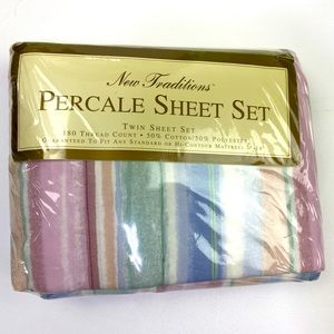New Traditions Percale Vintage Twin Size Sheet Set Capri Stripe NEW